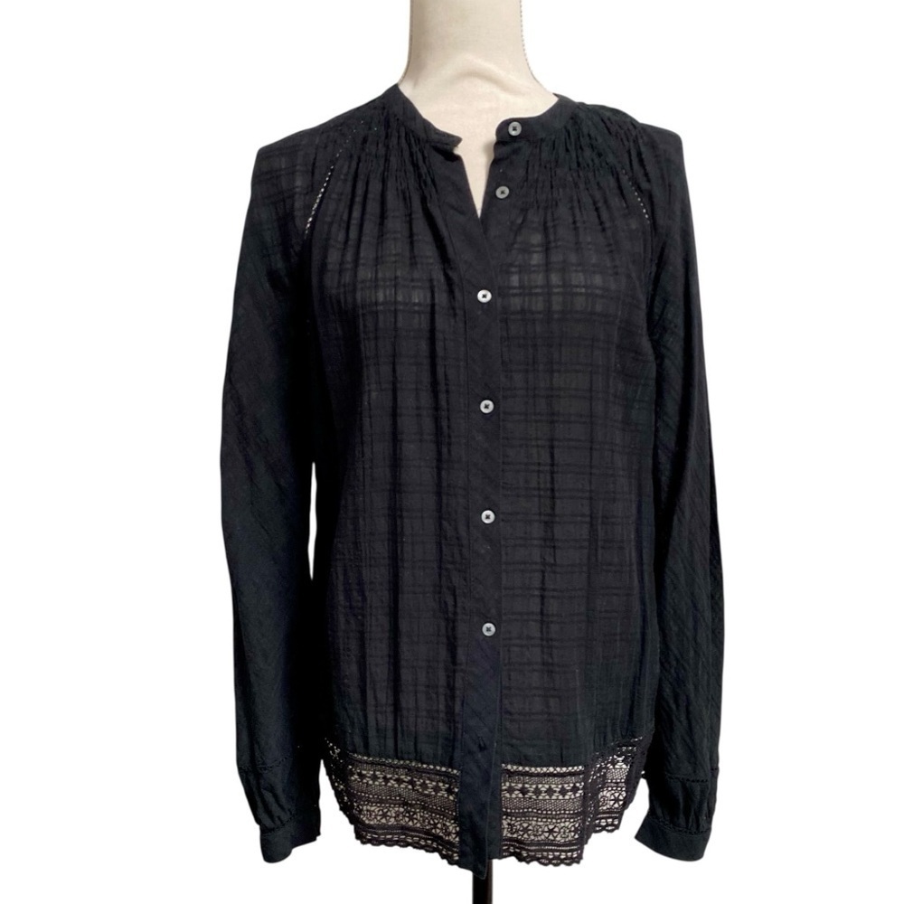 Point Sur J Crew Black Lace Trim Cotton Boho Blouse Pintuck Top Small